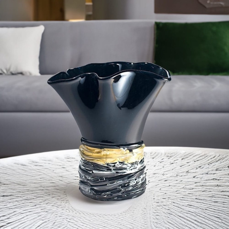 Murano Glass Vase Black Gold
