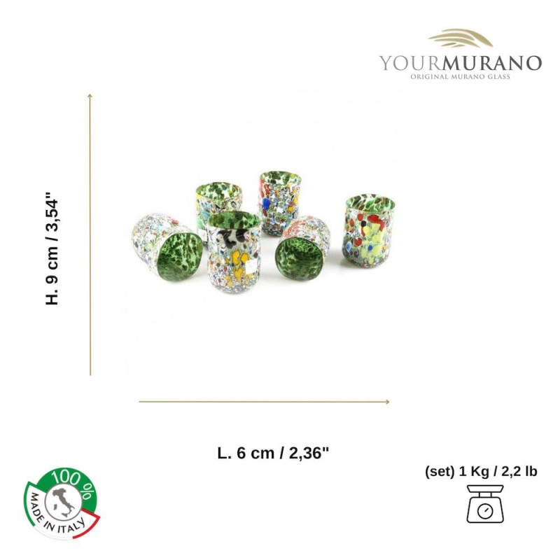 KAIA Sei bicchieri verdi e foglia argento soffiati di Murano