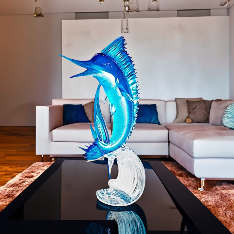 scultura di marlin in vetro azzurro e blu