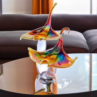 MANTA RAYS Pair of ocean fishes in chalcedony glass