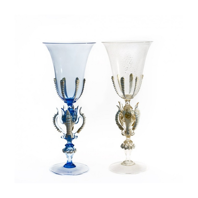 Venezia goblet set in blue and transparent glass with gold details