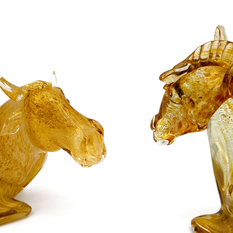 Ox and donkey handmade Murano glass sculptures