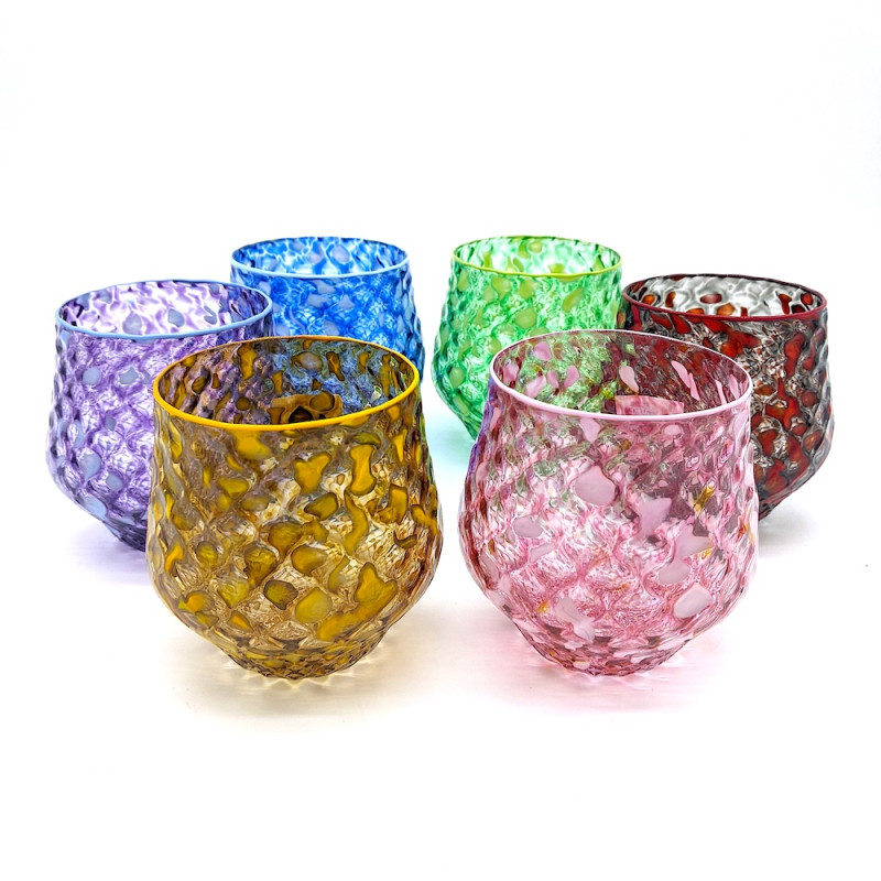 WAVES Set 6 Bicchieri Multicolore in Vetro di Murano con Lavorazione Ballotton