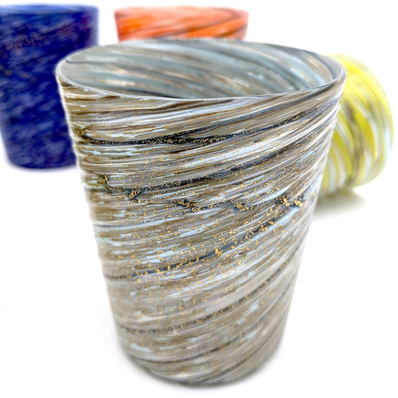 ALADIN Six Murano colored glasses with murrine and gold leaf