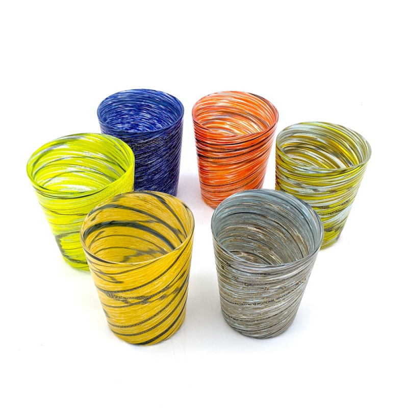ALADIN Six Murano colored glasses with murrine and gold leaf