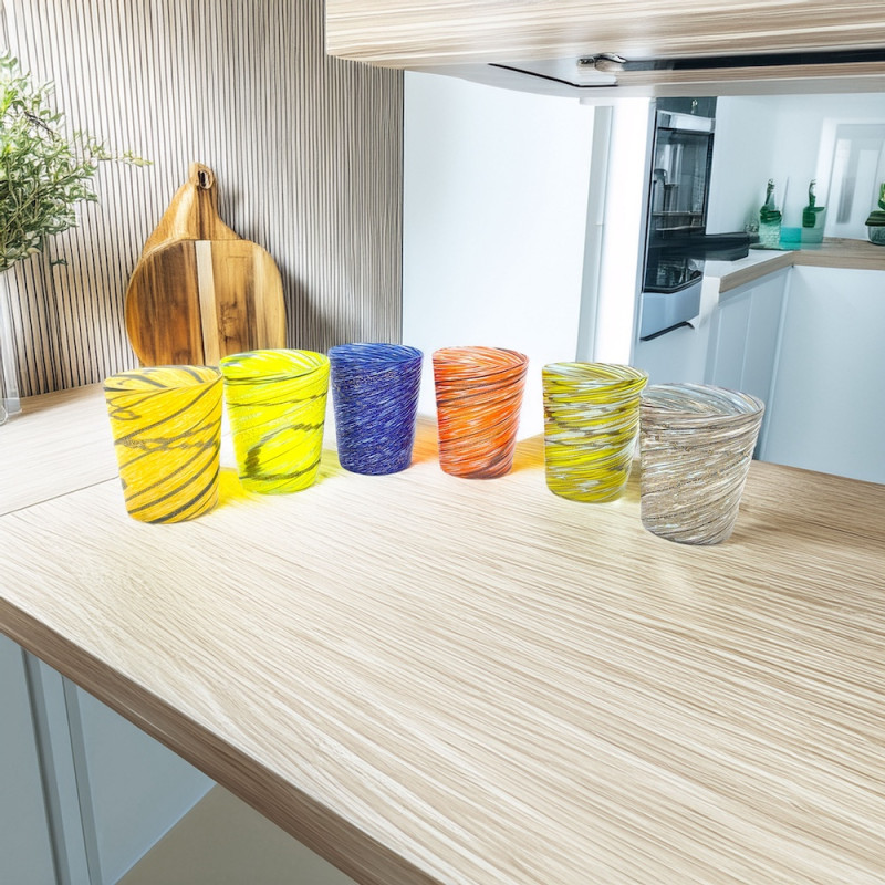 ALADIN Six Murano colored glasses with murrine and gold leaf