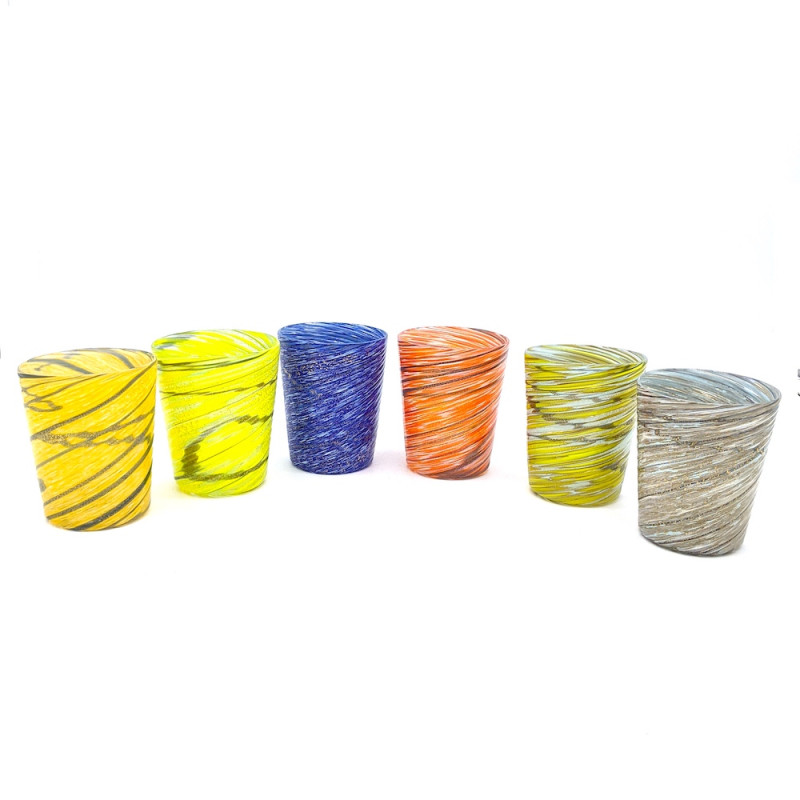ALADIN Six Murano colored glasses with murrine and gold leaf