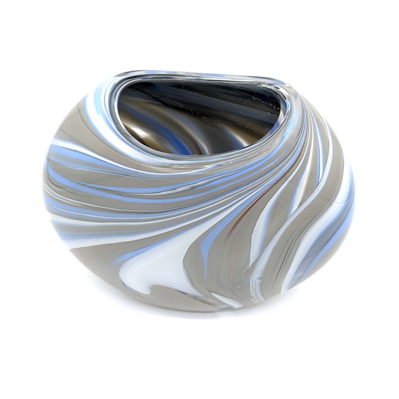 BOREALIS Hand-Blown Murano Glass Disc Vase in White, Blue and Grey