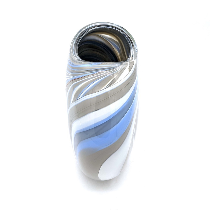 BOREALIS Vaso Soffiato in Vetro di Murano Bianco con Dettagli Azzurri e Grigi
