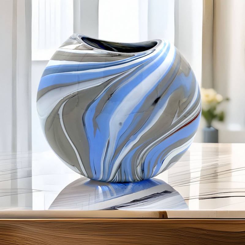 BOREALIS Hand-Blown Murano Glass Disc Vase in White, Blue and Grey