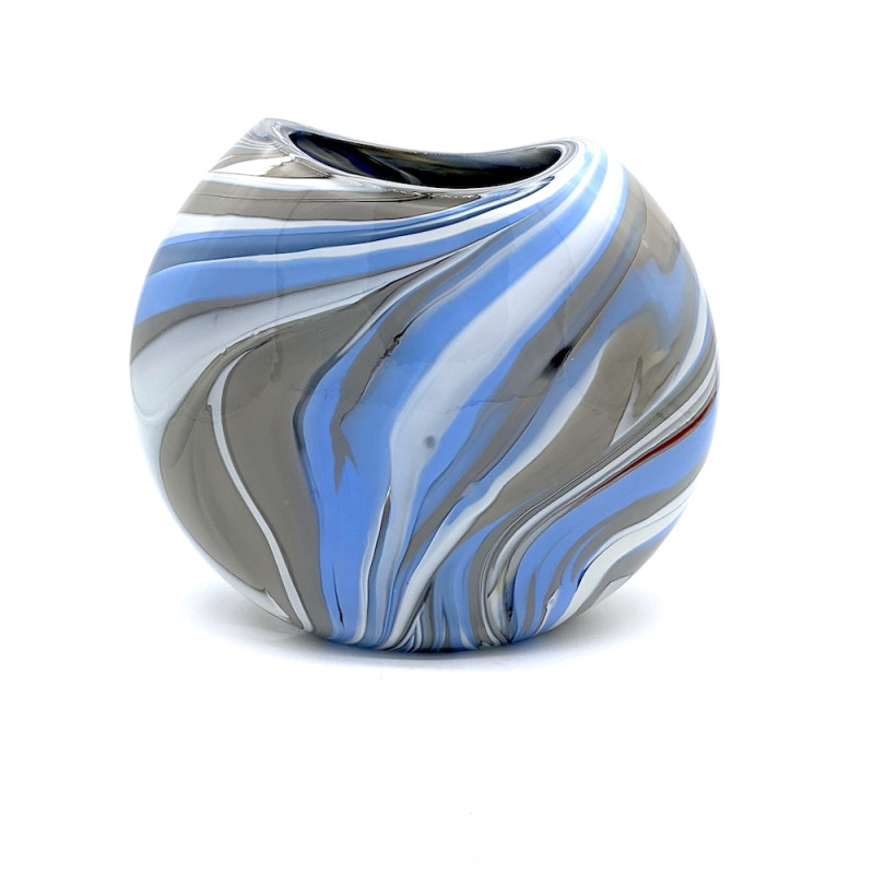 BOREALIS Vaso Soffiato in Vetro di Murano Bianco con Dettagli Azzurri e Grigi