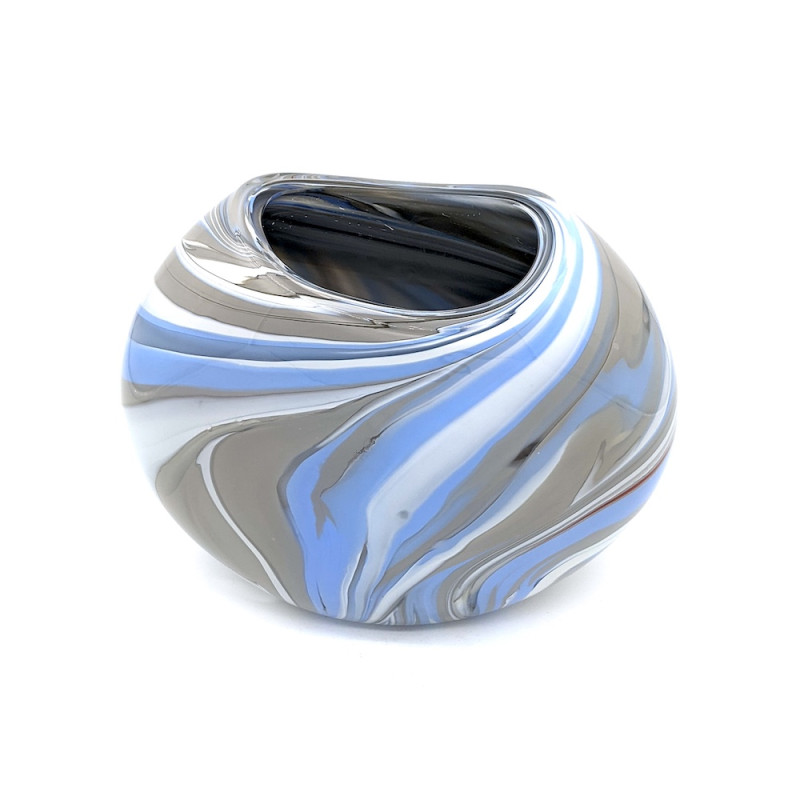 BOREALIS Hand-Blown Murano Glass Disc Vase in White, Blue and Grey