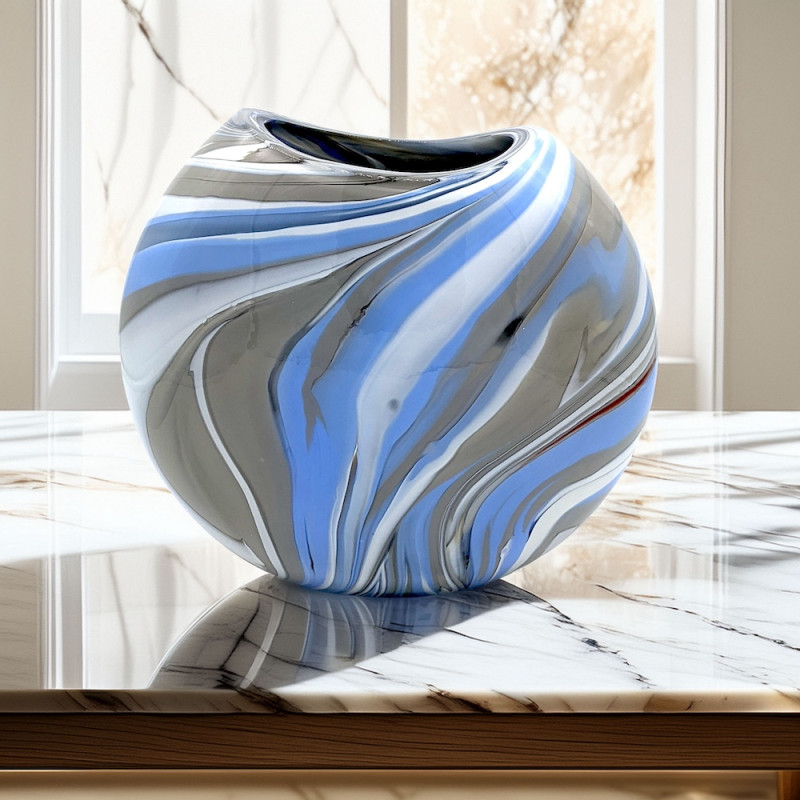 BOREALIS Vaso Soffiato in Vetro di Murano Bianco con Dettagli Azzurri e Grigi
