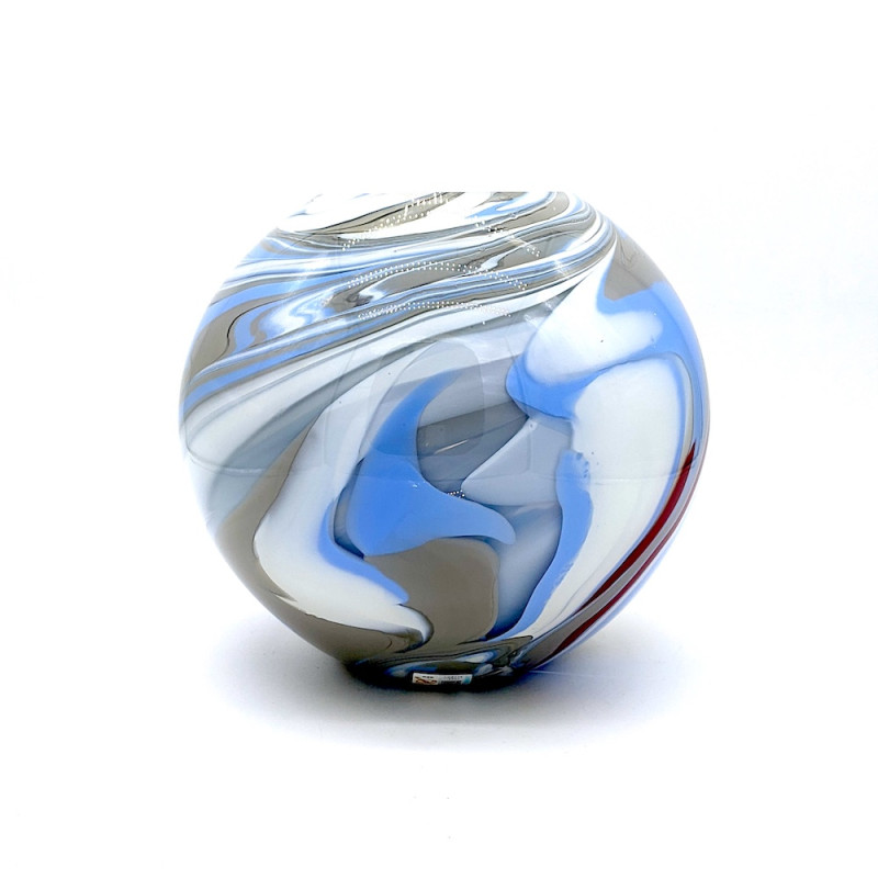 NORDIC Spherical Murano Glass Vase – White with Blue & Grey Accents