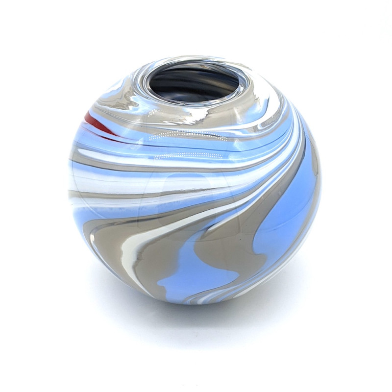 NORDIC Spherical Murano Glass Vase – White with Blue & Grey Accents