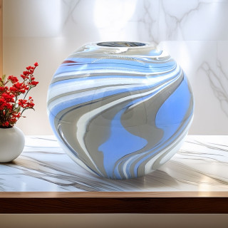 NORDIC Spherical Murano Glass Vase – White with Blue & Grey Accents