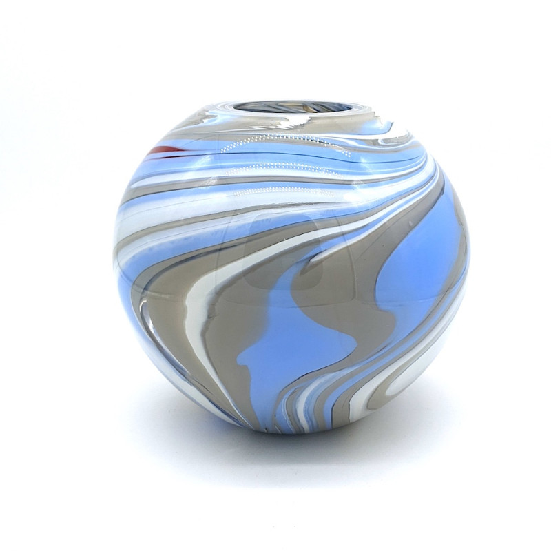 NORDIC Spherical Murano Glass Vase – White with Blue & Grey Accents