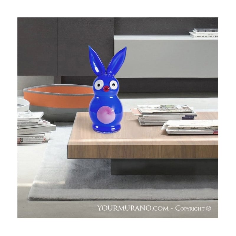 scultura coniglio contemporanea  in vetro soffiato blu