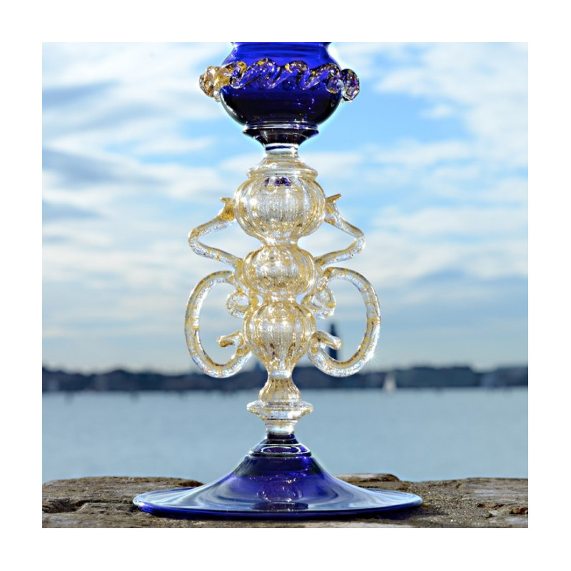 blue glass goblet with gold details