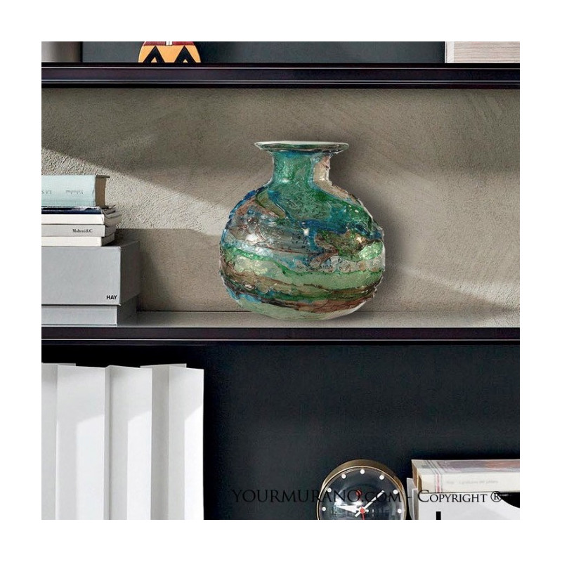 Piccolo vaso centrotavola in vetro verde con foglia d'argento