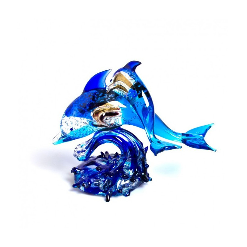 Murano dolphins couple sculpture in azure glass with gold leaf