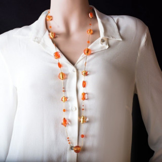 Long necklace with orange and gold beads