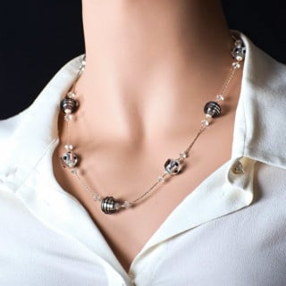 Silver black glass earrings bracelet and necklace