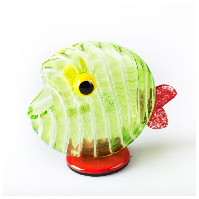 green glass fish sculpture with white details