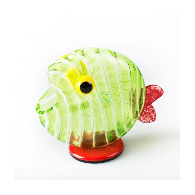 green glass fish sculpture with white details