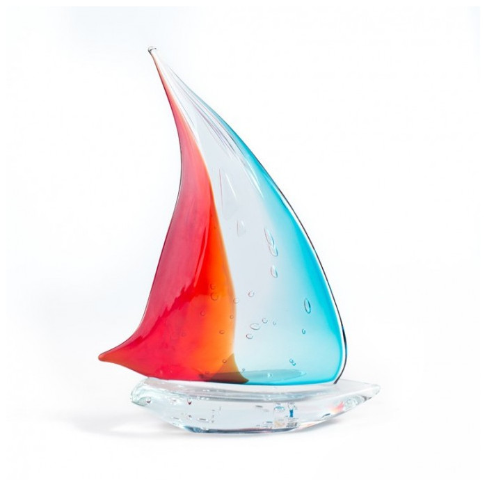 Venezia scultura barca a vela in vetro blu e rosso