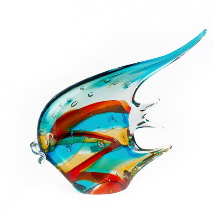 fish sculpture in blue glass with red and yellow details