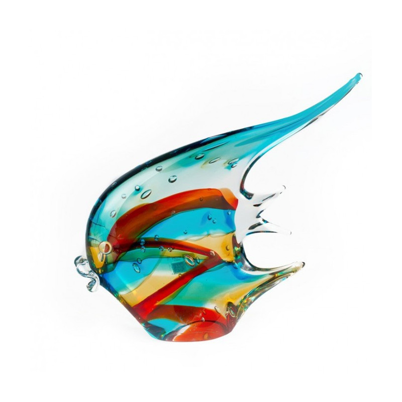 fish sculpture in blue glass with red and yellow details