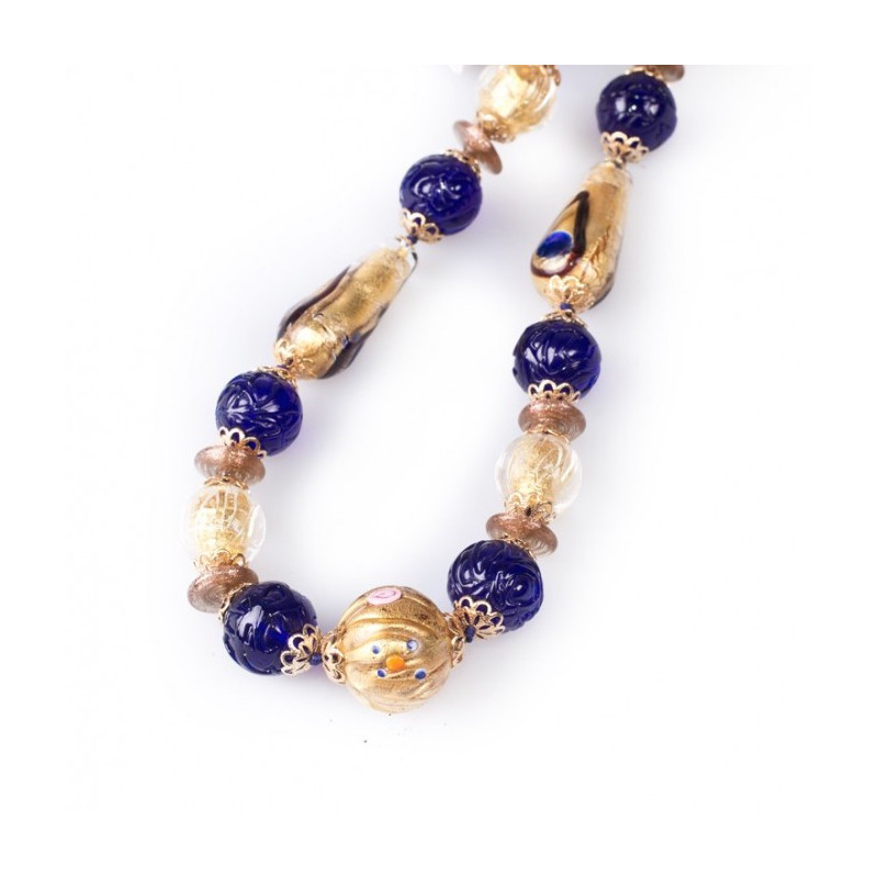 Blue and Gold Murano Glass Bead Necklace