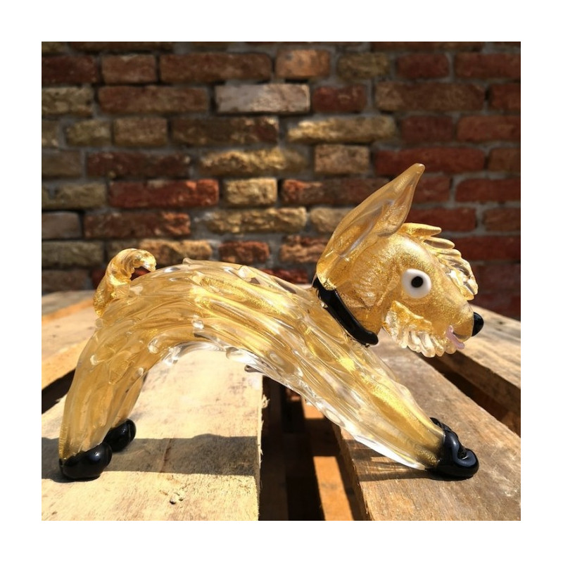 glass dog sculpture with gold leaf detail