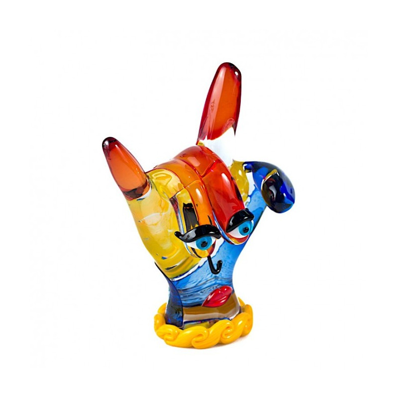 scultura artigianale contemporanea in vetro blu, giallo e rosso