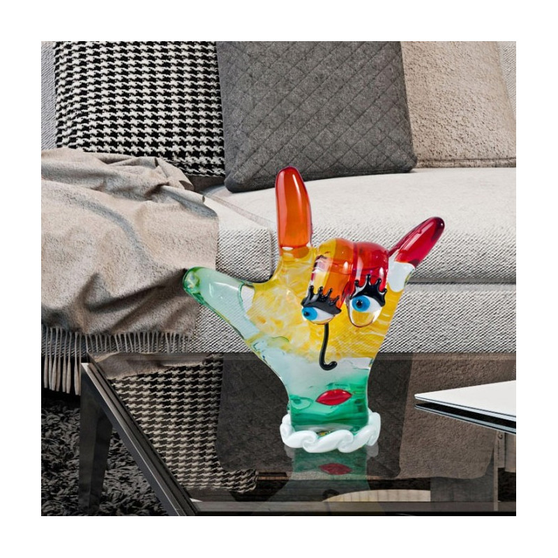Scultura di mano in vetro soffiato contemporanea arredo casa