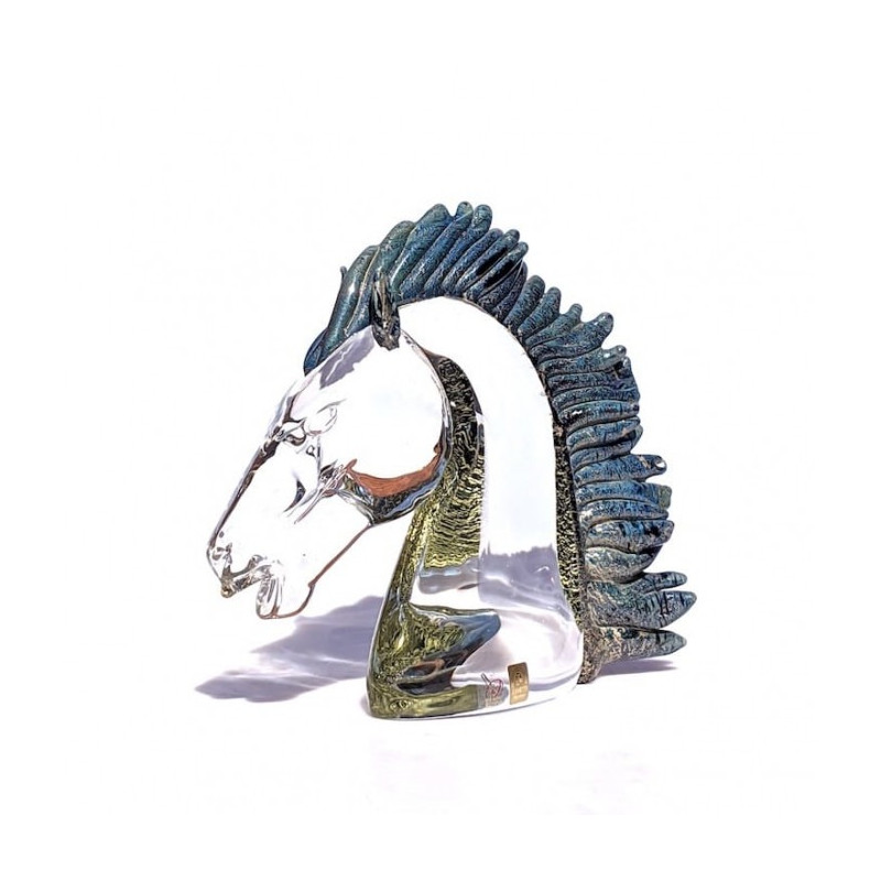 scultura cavallo in cristallo con dettagli blu e oro