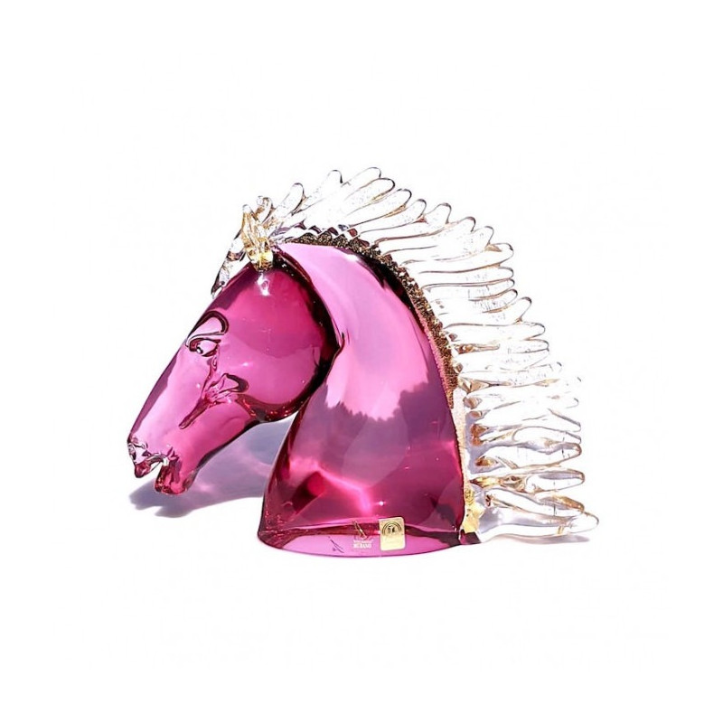 Murano pink glass horse sculpture with gold details