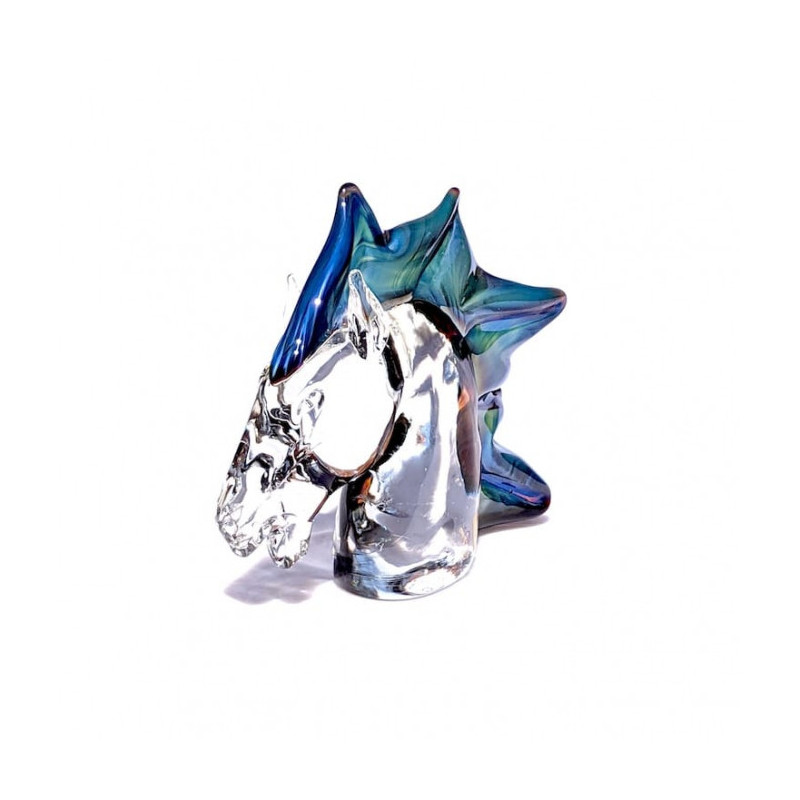 horse sculpture in clear glass with blue details
