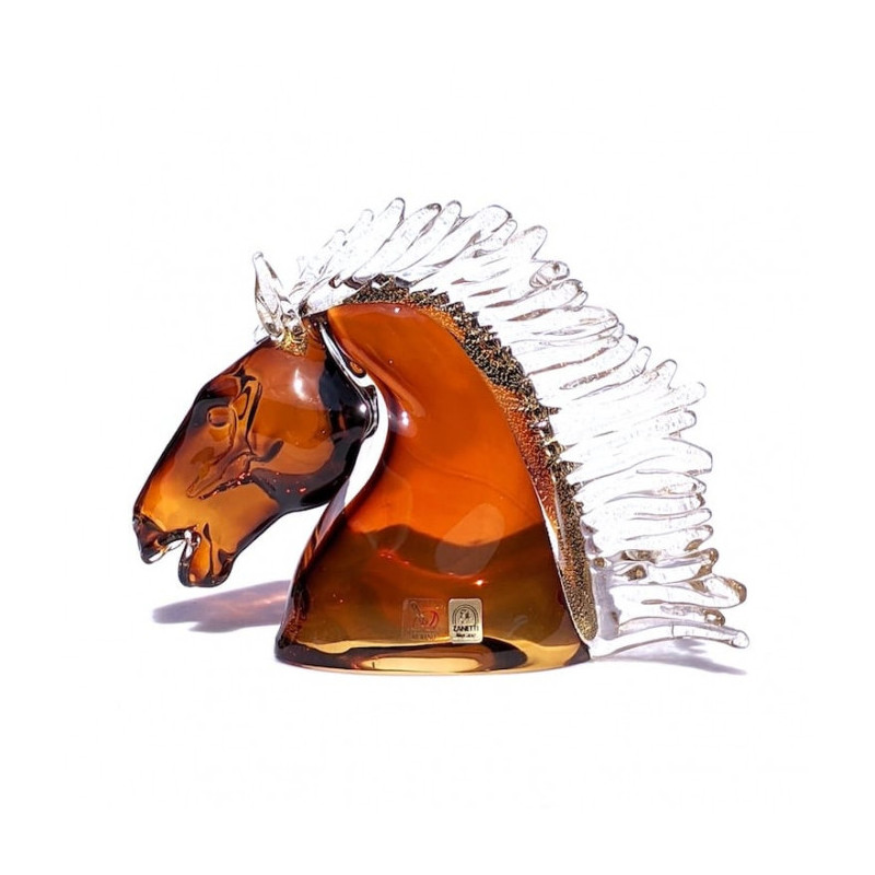 scultura di cavallo in vetro di Murano ambrato