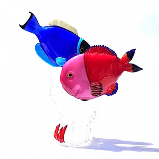 Murano scultura coppia di pesci in vetro blu e rosso