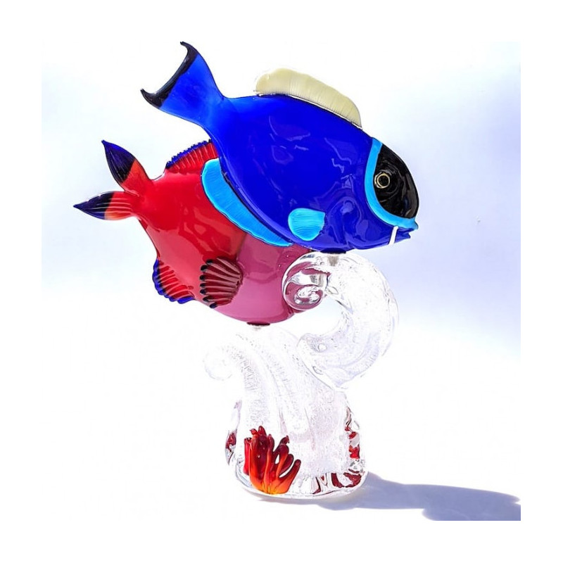 fish sculpture in red and blue glass with pink and black details