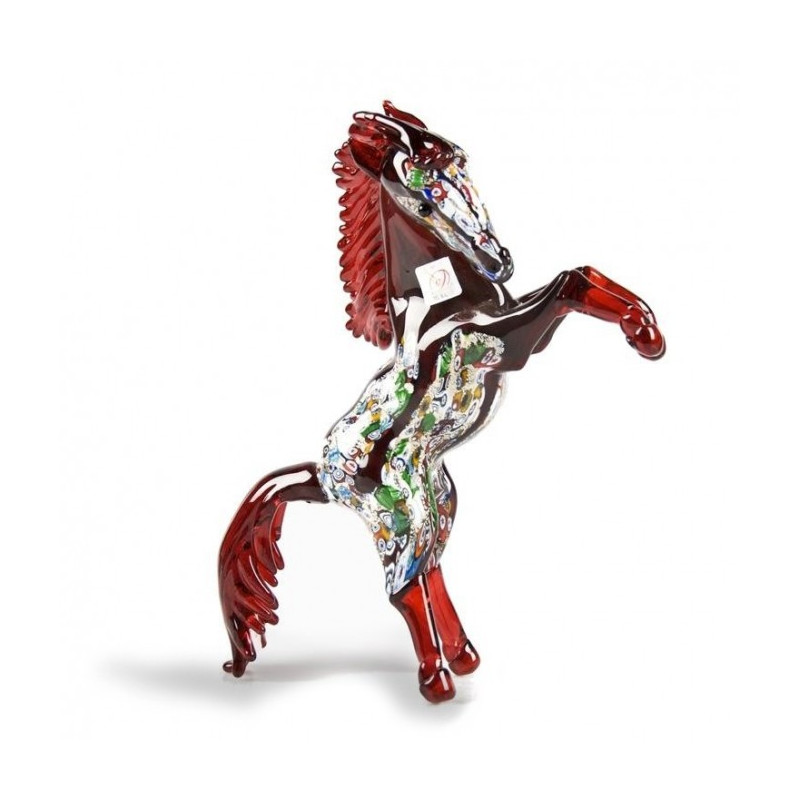 scultura di cavallo in vetro di Murano rosso con murrine