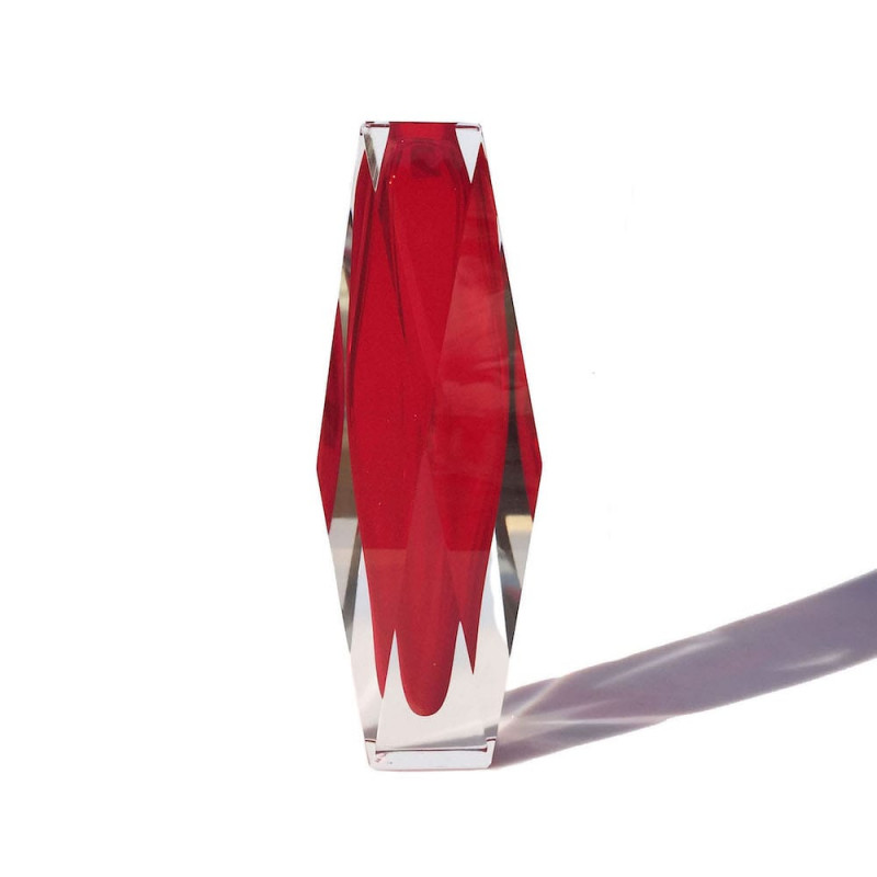 Vaso esagonale rosso in vetro di Murano
