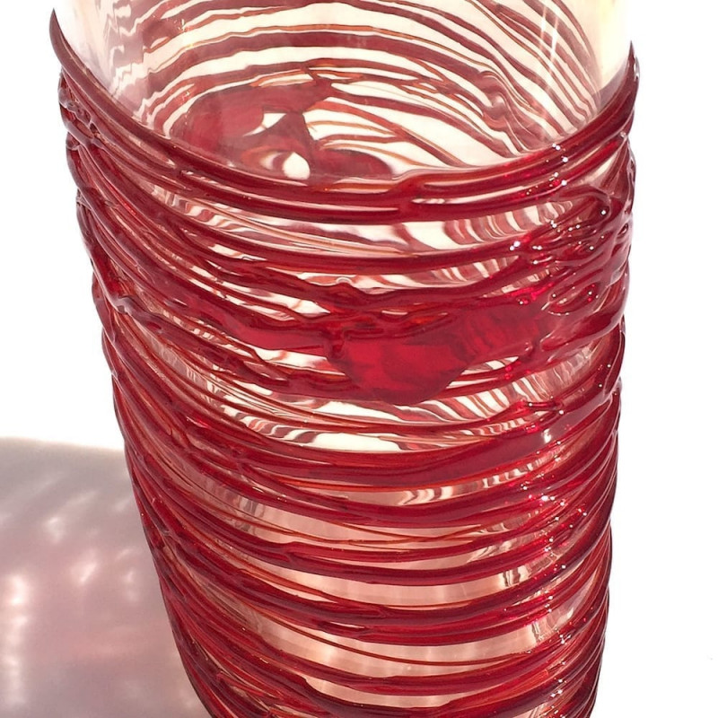 decorative glass vase with red embossed details
