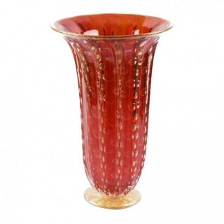 Venetian tall red vase with gold leaf