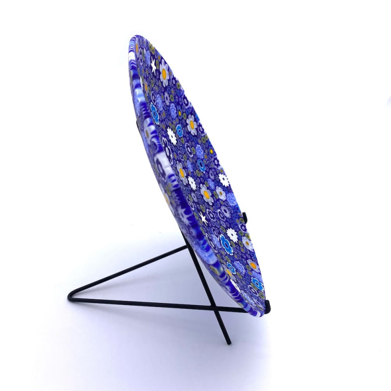 BLOOM Murano Display Plate with Blue Murrine and Metal Stand