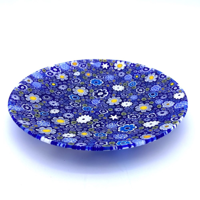 BLOOM Murano Display Plate with Blue Murrine and Metal Stand